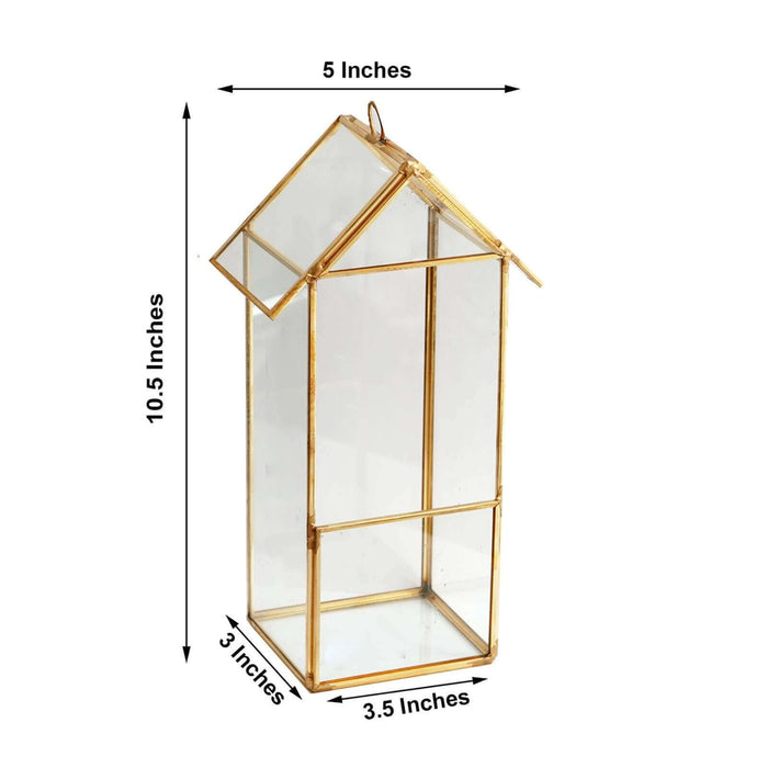 Gold geometric terrarium with dimensions 10.5x5x3 inches.