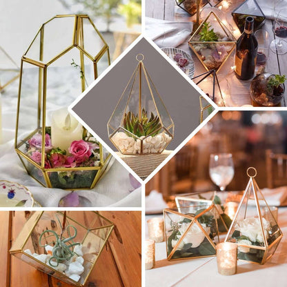 Geometric glass terrariums with plants and candles in various settings.