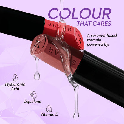SUGAR Glide Peptide Serum Lipstick formula with hyaluronic acid, squalane and vitamin E