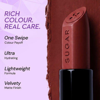SUGAR Glide Peptide Serum Lipstick benefits: one-swipe rich colour, ultra hydrating, lightweight velvety matte finish