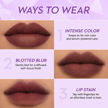 Three ways to wear SUGAR Glide Peptide Serum Lipstick: intense colour, blotted blur and lip stain