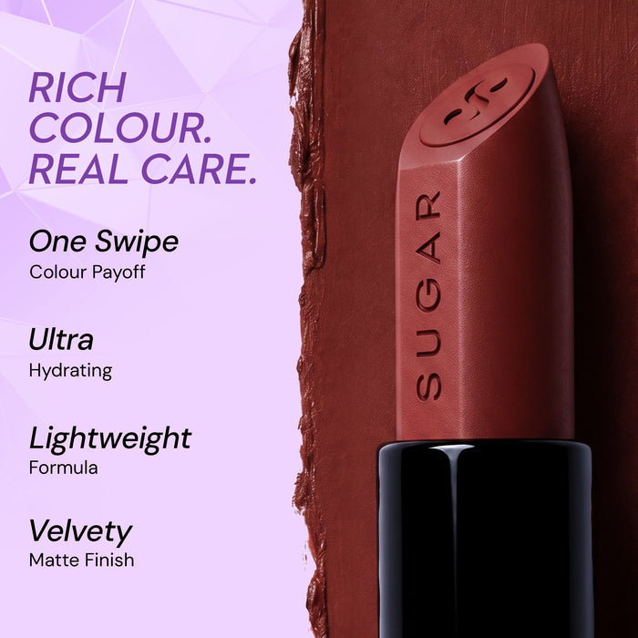SUGAR Glide Peptide Serum Lipstick benefits: one-swipe rich colour, ultra hydrating, lightweight velvety matte finish