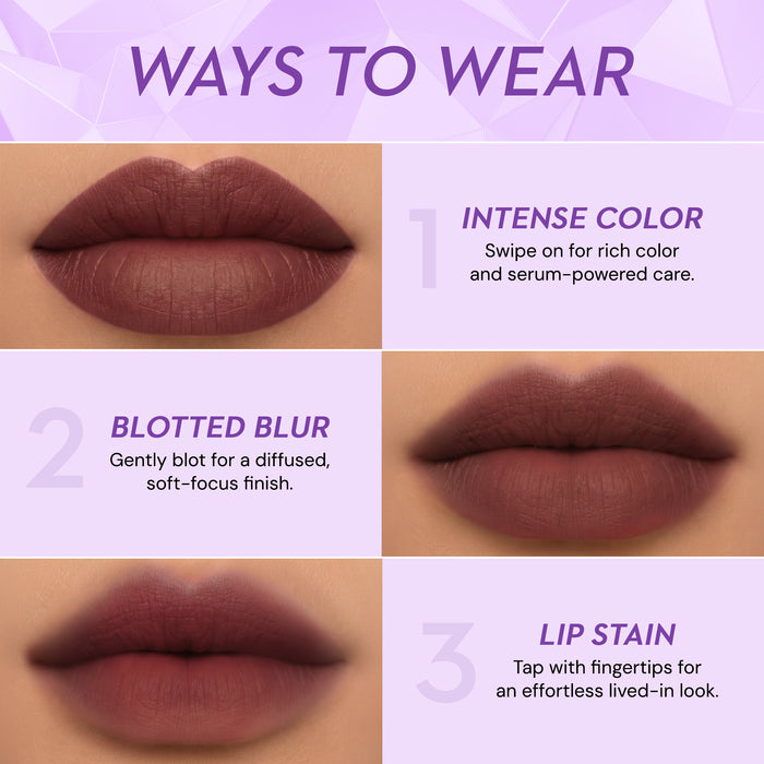 Three ways to wear SUGAR Glide Peptide Serum Lipstick: intense colour, blotted blur and lip stain