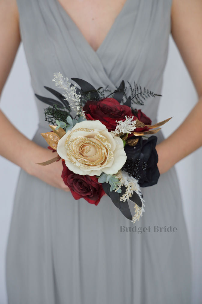 Gold, Black and Burgundy Silk Wedding Bouquet   - $170.00 | Jude