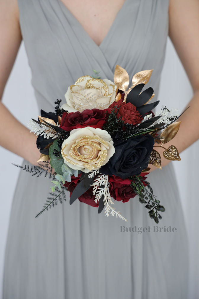 Gold, Black and Burgundy Silk Wedding Bouquet   - $39.50 | Jude