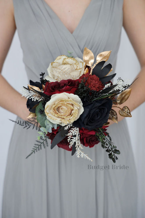 Gold, Black and Burgundy Silk Wedding Bouquet   - $58.50 | Jude