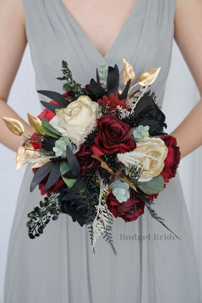 Gold, Black and Burgundy Silk Wedding Bouquet   - $58.50 | Jude