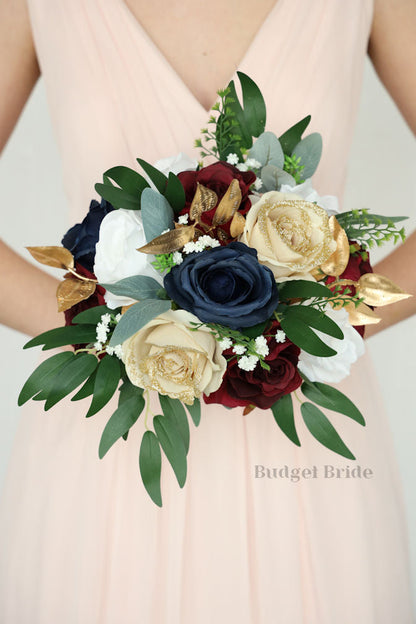 Gold, Burgundy and Navy Blue Faux Wedding Bouquet- $195.00| Zesty