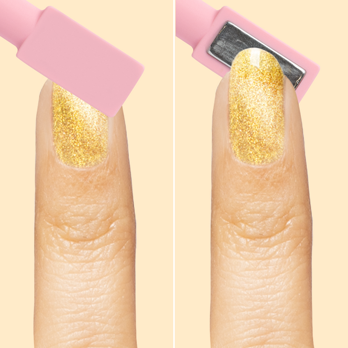 Golden Velvet - Gel applied on nails showing magnetic tool creating sparkling metallic mani effect