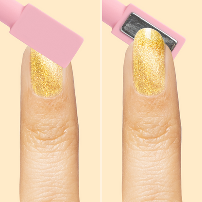 Golden Velvet - Gel applied on nails showing magnetic tool creating sparkling metallic mani effect