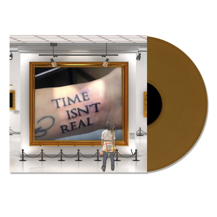 Grabbitz "Time Isn't Real" Vinyl album cover. Image depicts an art gallery with someone looking at a painting of someone having the text Time Isn't Real tattooed on their wrist. Vinyl is gold.