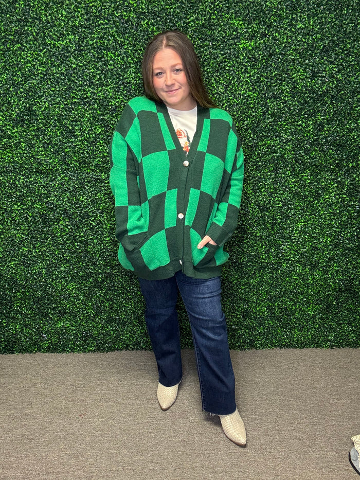 Green Checkered Cardigan