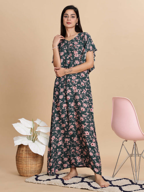Premium Green Floral Rayon Nightdress for Women