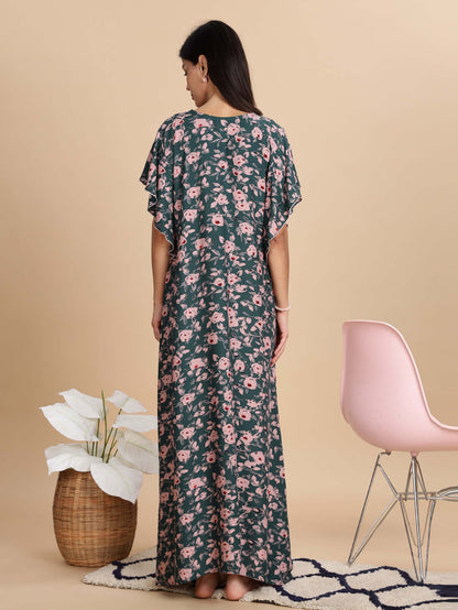 Premium Green Floral Rayon Nightdress for Women