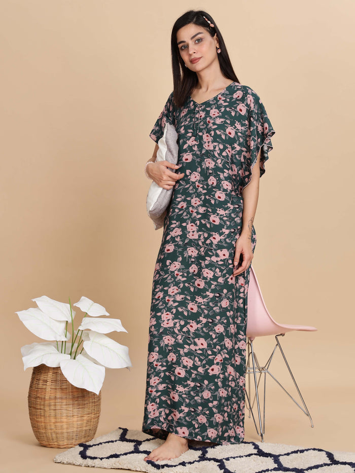 Premium Green Floral Rayon Nightdress for Women
