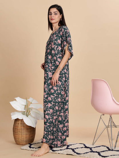 Premium Green Floral Rayon Nightdress for Women
