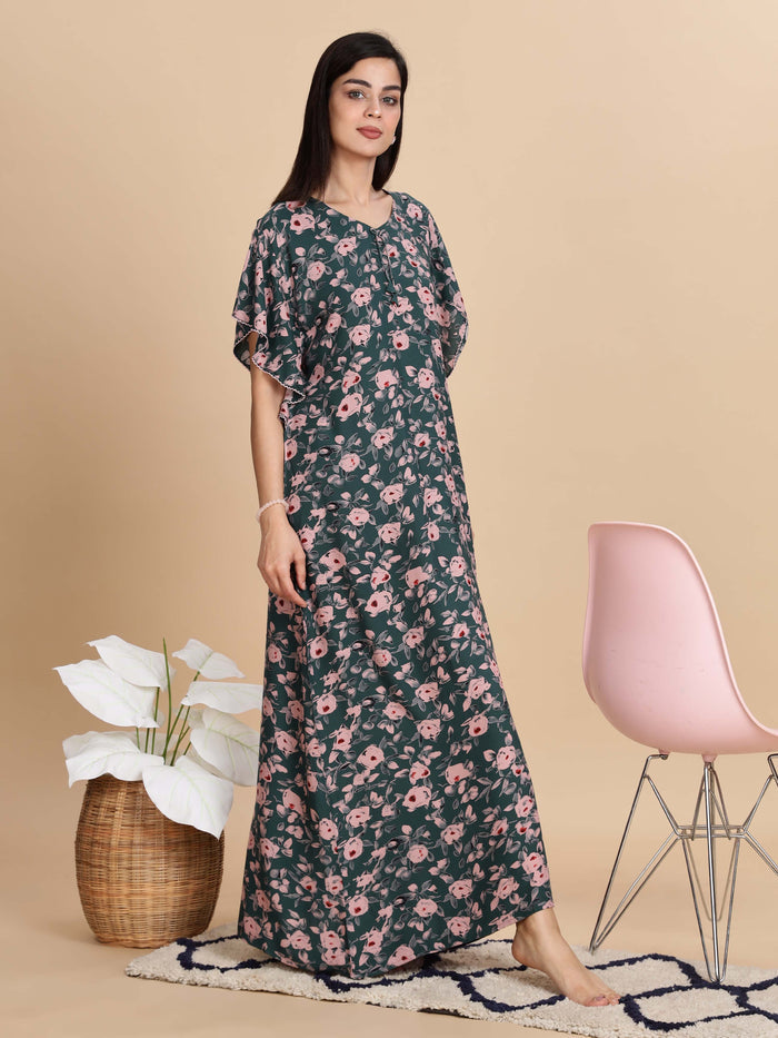 Premium Green Floral Rayon Nightdress for Women