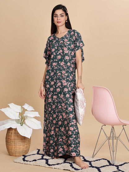 Premium Green Floral Rayon Nightdress for Women