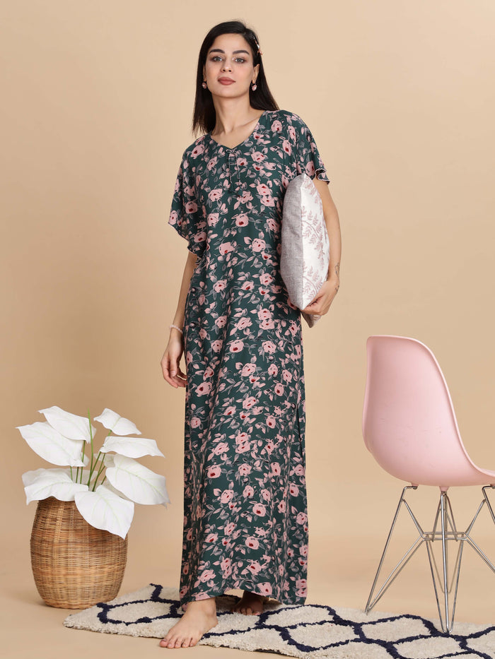 Premium Green Floral Rayon Nightdress for Women