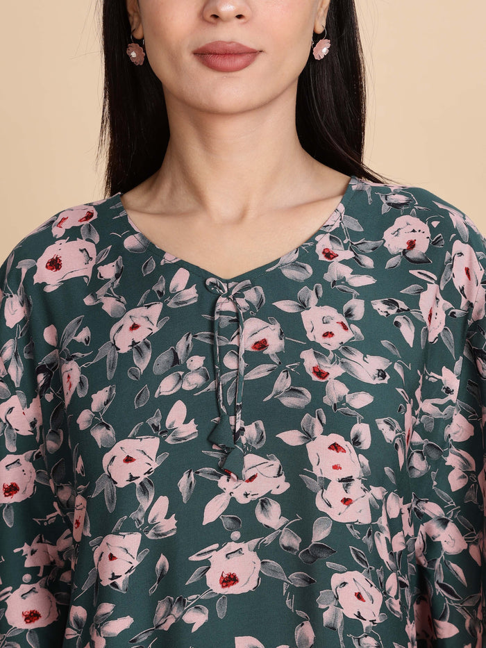 Premium Green Floral Rayon Nightdress for Women