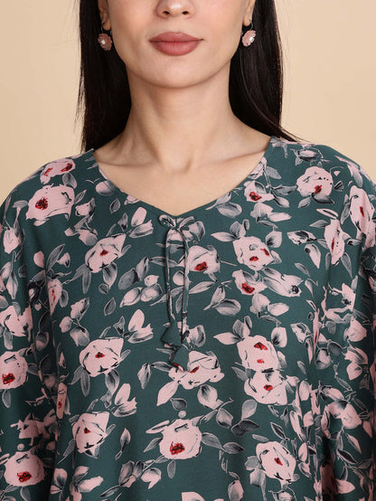 Premium Green Floral Rayon Nightdress for Women