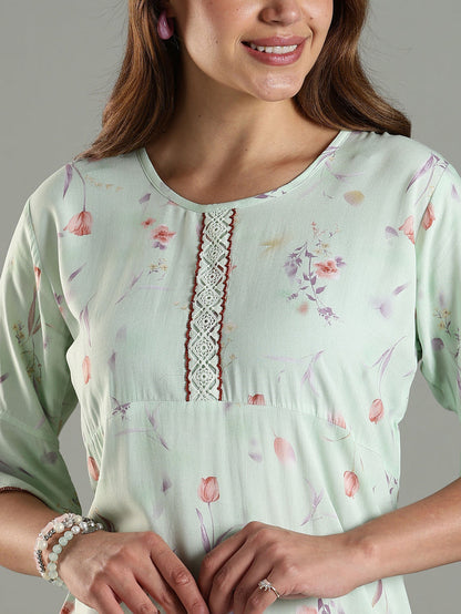 Classy Green Rayon Floral Print Nighty for Women