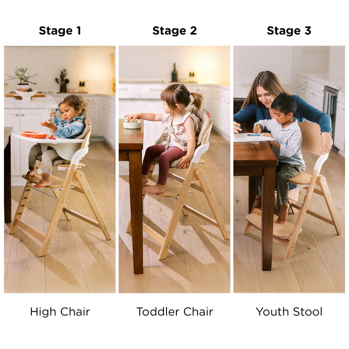 Experience the versatility of the Grow with Me Foldable High Chair in three stages: a baby sitting comfortably in the adjustable high chair, a toddler enjoying mealtime at the table in toddler chair mode, and an older child using the youth stool alongside an adult at the kitchen table.