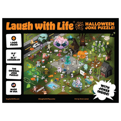 Bright and lively box cover displays a bustling Halloween cartoon scene filled with characters, labeled “Halloween Joke | 1,000 Piece Jigsaw Puzzle” by Livuzzle. Enjoy a fun seek-and-find challenge with this 1,000 piece puzzle, which measures 19.3" x 26" when complete.