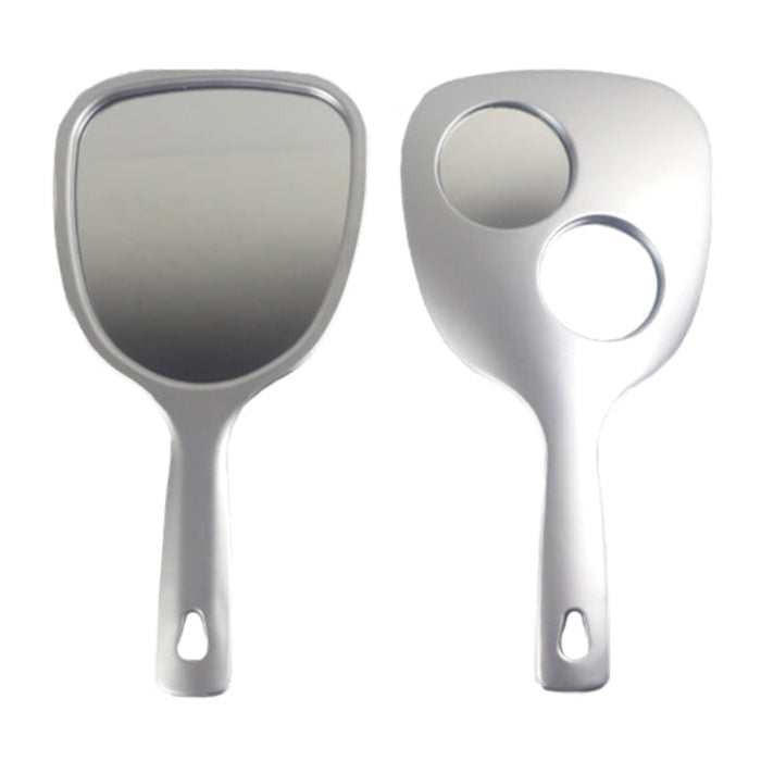 Rear and back view of silver handheld mirror with different mirror shapes on a white background