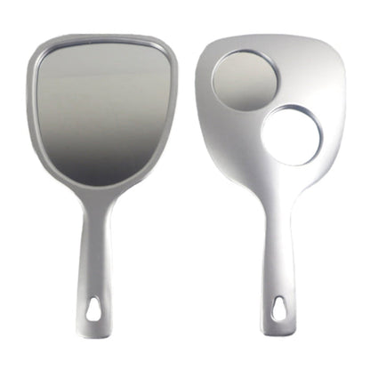 Rear and back view of silver handheld mirror with different mirror shapes on a white background