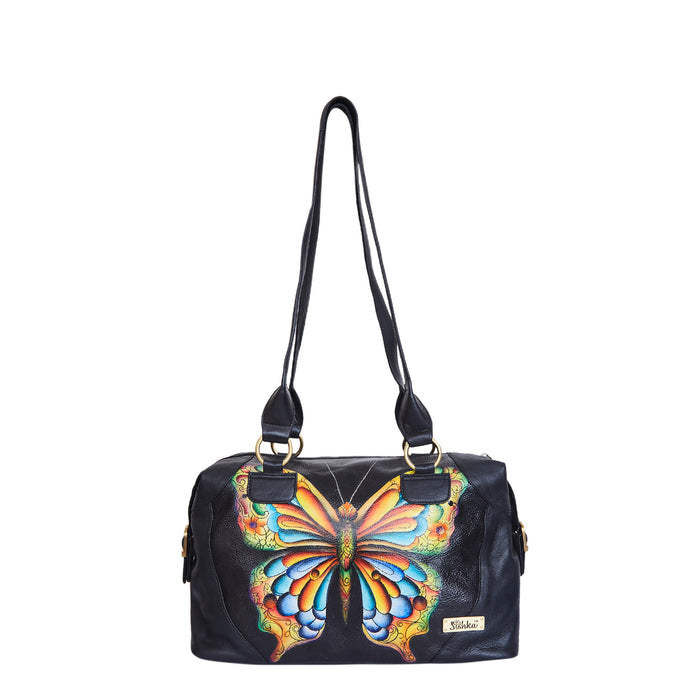 Women's butterfly artwork genuine leather shoulder tote bag for daily use