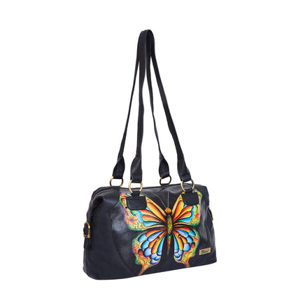 Women's butterfly artwork genuine leather shoulder tote bag for daily use-half side view
