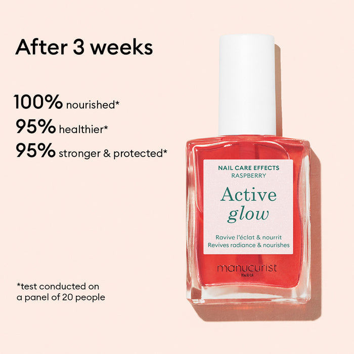 A bottle of Manucurist Healthy Glow Duo on a light background, with text: After 3 weeks, 100% nourished, 95% healthier, and 95% stronger  protected nails—results from a panel of 20 people.