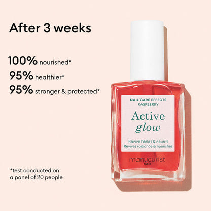 A bottle of Manucurist Healthy Glow Duo on a light background, with text: After 3 weeks, 100% nourished, 95% healthier, and 95% stronger  protected nails—results from a panel of 20 people.