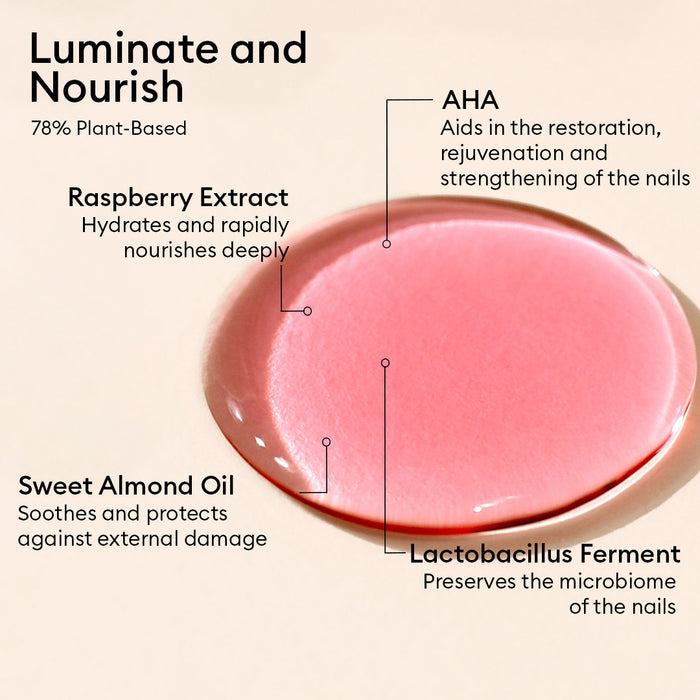 Manucurist’s Healthy Glow Duo features a pink liquid enriched with raspberry extract for hydration, sweet almond oil for protection, AHA to restore nails, and lactobacillus ferment for microbiome care—the perfect nourishing cuticle oil.