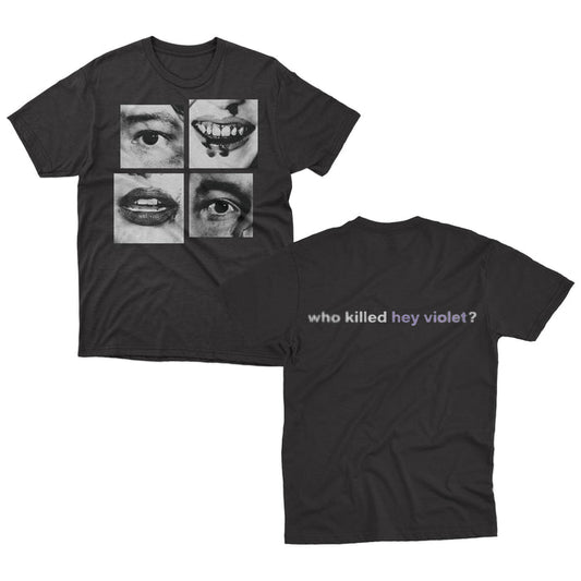 This Hey Violet exclusive features a black Comfort Colors T-shirt with four black-and-white mouth photos on the front and “who killed hey violet?” on the back—“hey violet” in purple, the rest in white.