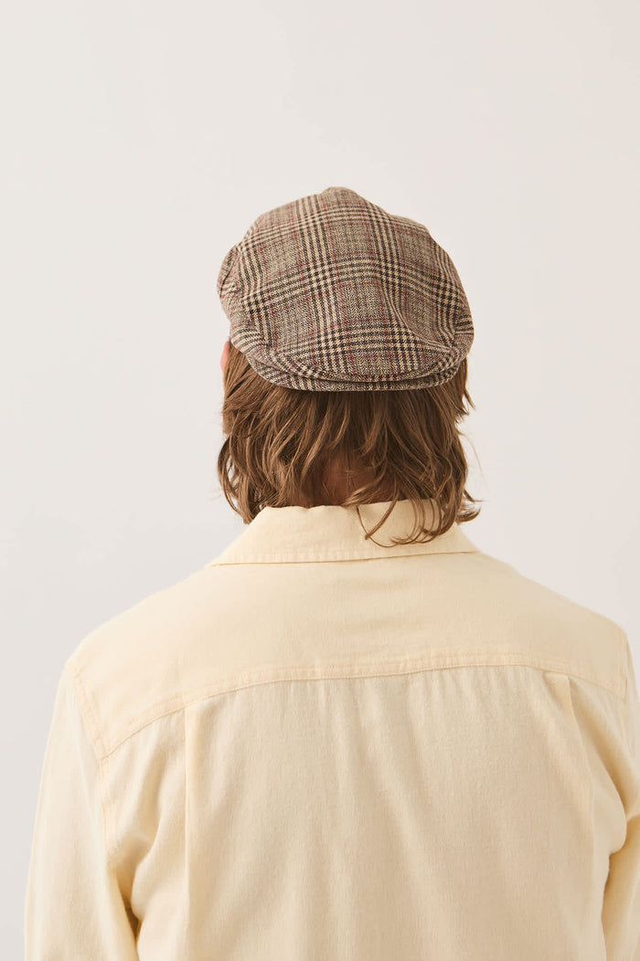 Unisex Hooligan Flat Cap in the color Brown/Tan/Red Plaid - Men's Back View