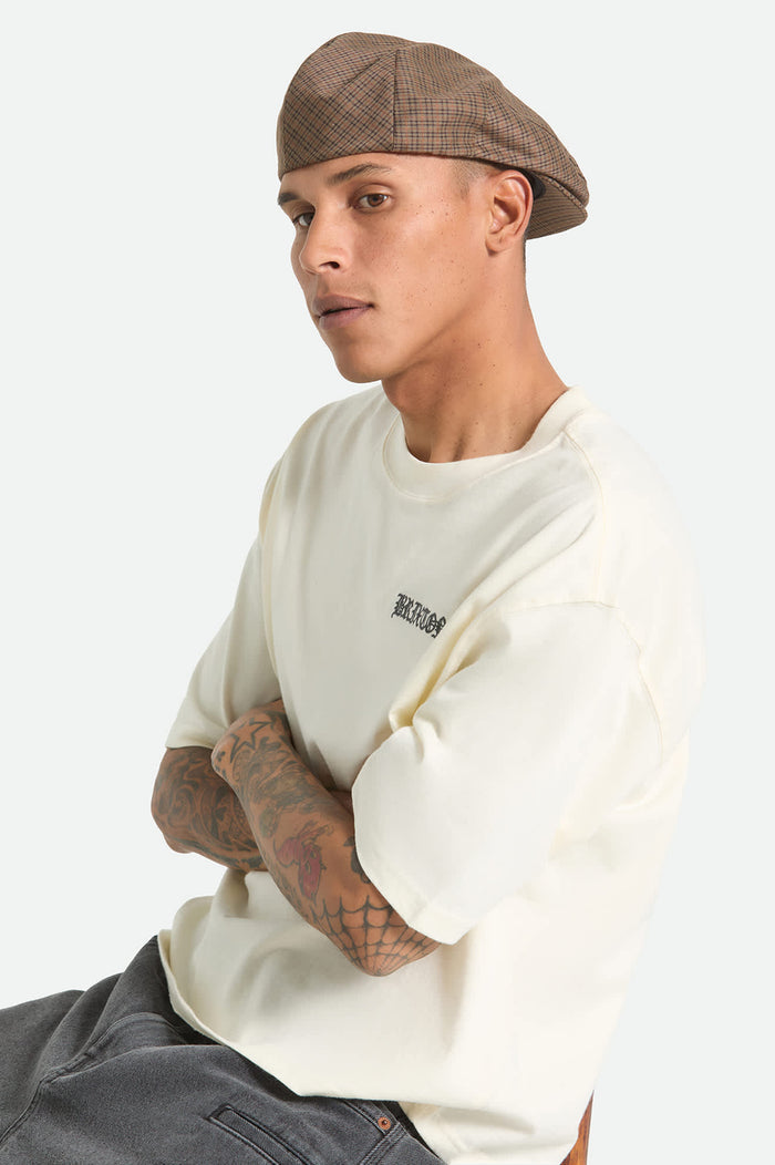 Unisex Hooligan Lightweight Flat Cap in the color Grey/Brown/Gold - Men's Front View