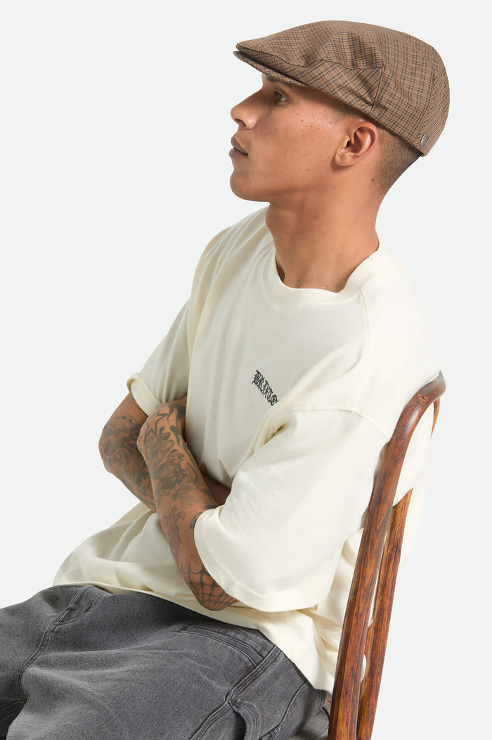 Unisex Hooligan Lightweight Flat Cap in the color Grey/Brown/Gold - Men's Side View