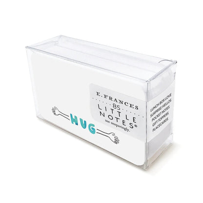 Transparent acrylic note box with teal 'HUG' and 'Little Title Notes' text front
