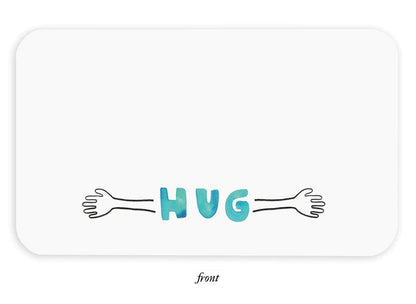 White note card with rounded corners and teal 'HUG' between hand icons