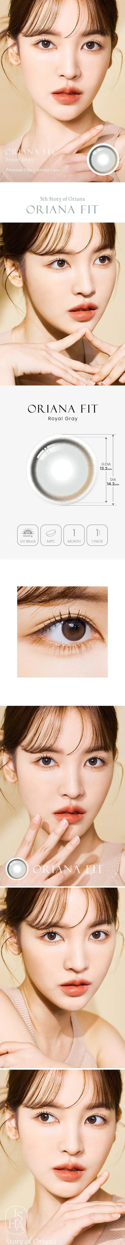 Model showcasing the natural look using i-Sha Oriana Fit Royal Grey prescription colored contact lenses, above a closeup of a pair of eyes enhanced and widened by the circle lenses.