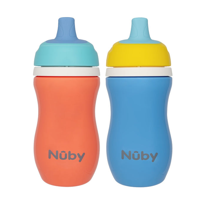 Two Insulated Active Sipper Cup (2 Pack) cups with leak-resistant, spill-proof lids; one orange with a light blue lid, one blue with a yellow lid—both feature the Nuby logo on the front.