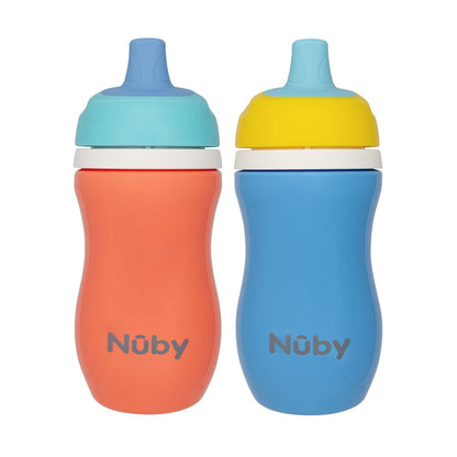 Two Insulated Active Sipper Cup (2 Pack) cups with leak-resistant, spill-proof lids; one orange with a light blue lid, one blue with a yellow lid—both feature the Nuby logo on the front.