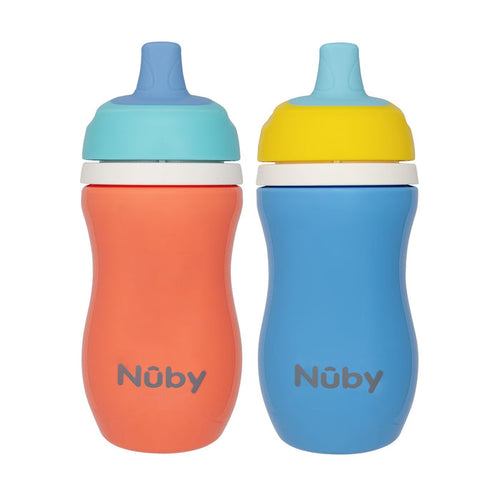 Two Insulated Active Sipper Cup (2 Pack) cups with leak-resistant, spill-proof lids; one orange with a light blue lid, one blue with a yellow lid—both feature the Nuby logo on the front.