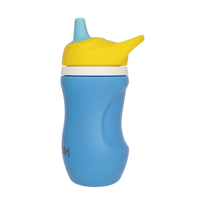 The Insulated Active Sipper Cup (2 Pack) features a blue cup with a yellow hard spout lid, ergonomic grip for toddlers, and a leak-resistant design, all set against a plain white background.