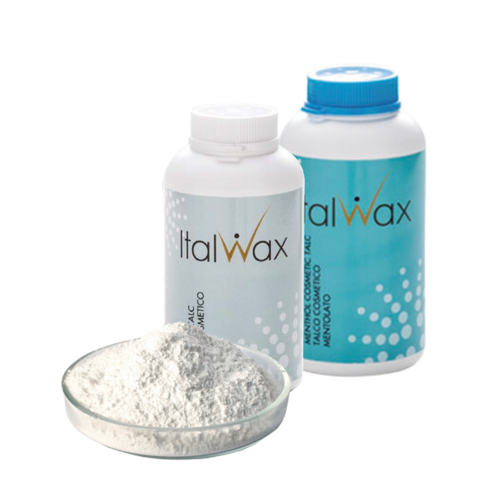 W401 Italwax Talc 150g | A set of two shaker bottles of Italwax talcum powder and a bowl of white talc in foreground