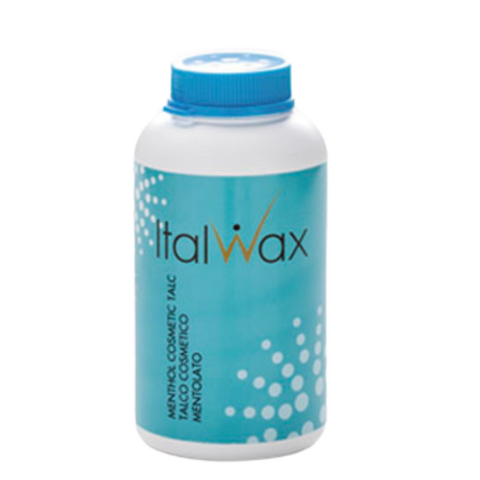 W401B Italwax Talc Menthol 150g | A blue and white shaker bottle of Italwax talcum powder with blue and white labelling and Italwax brand name