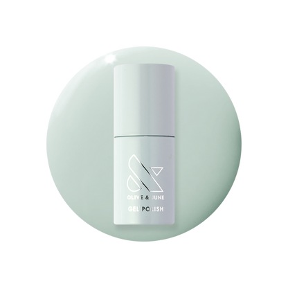 KMC - Gel bottle displayed on a soft sage green background representing a long-lasting gel polish by Olive and June