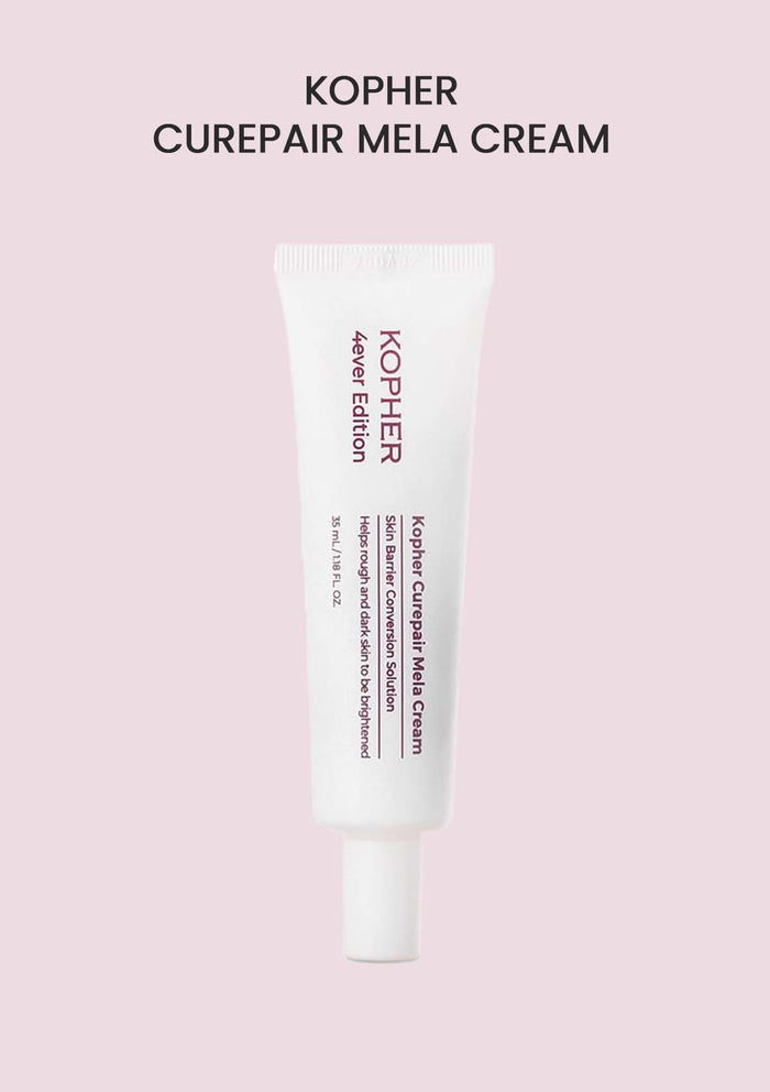 Kopher Curepair Mela Cream tube on a pink background